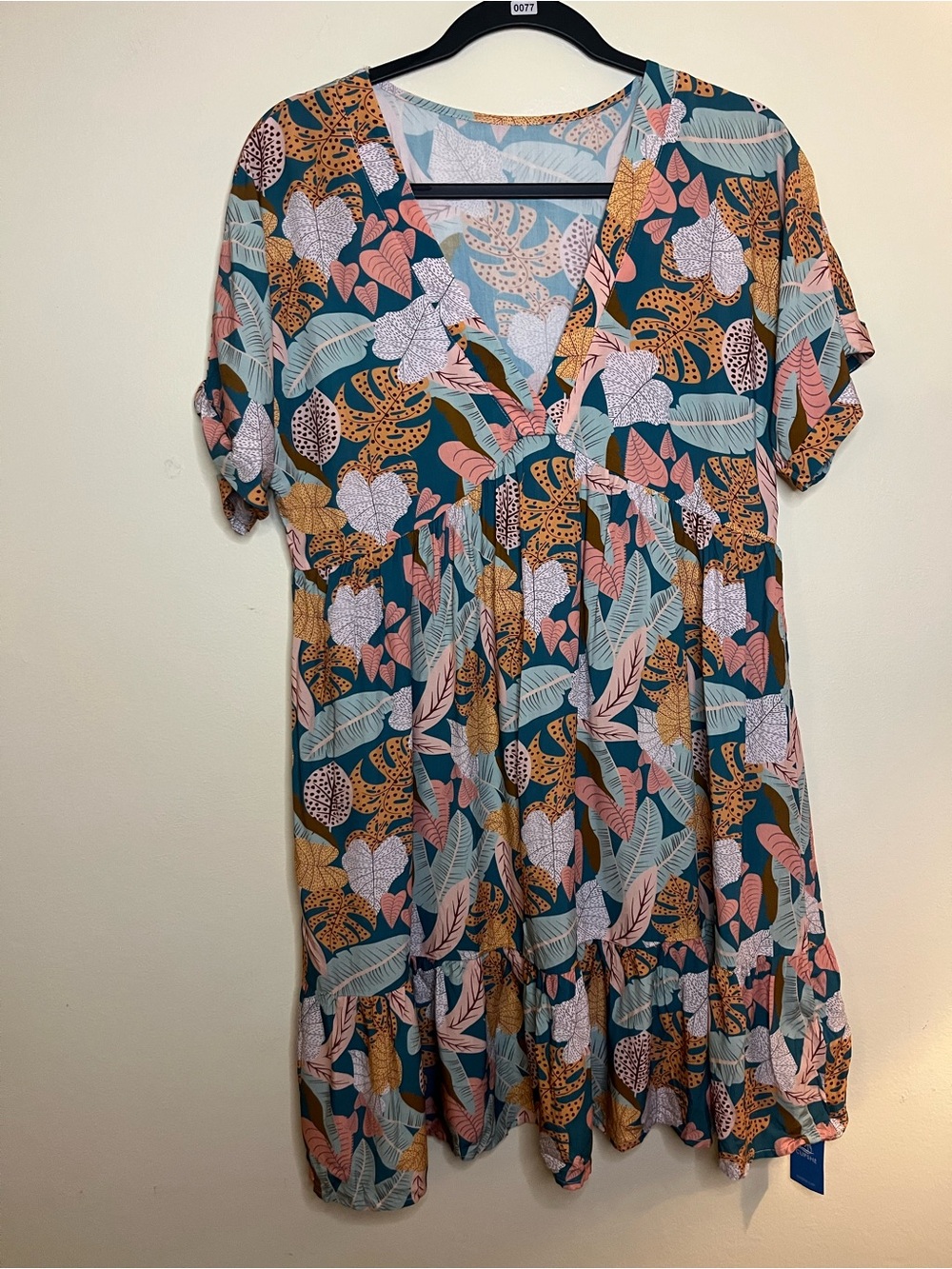 Cupshe Teal Floral Leaf V-Neck Tiered Mini Dress